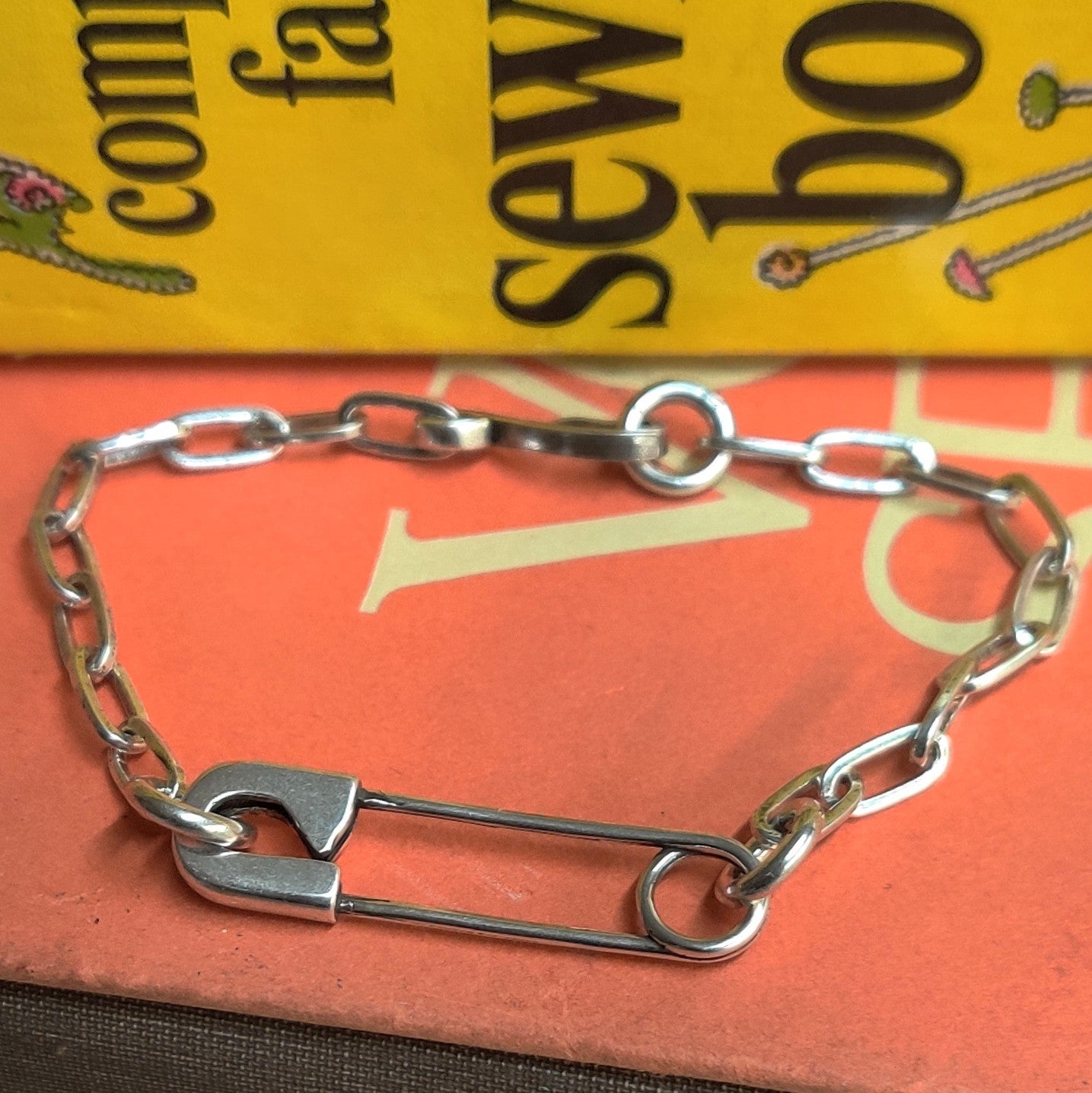 Silver Plated Safety Pin Cuff and  Link Bracelet