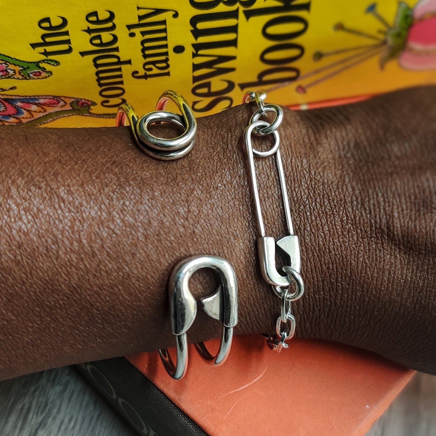 Silver Plated Safety Pin Cuff and  Link Bracelet