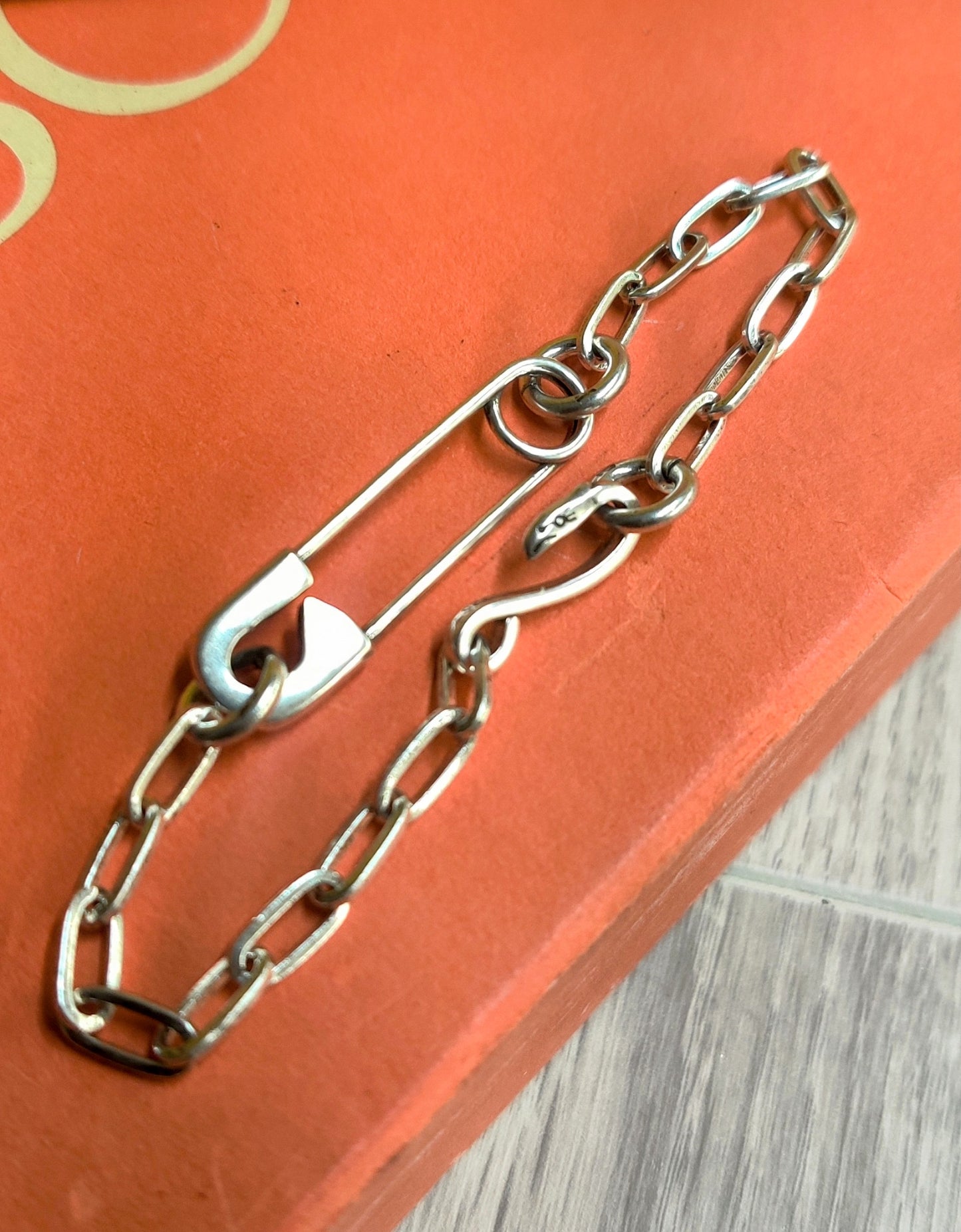 Silver Plated Safety Pin Cuff and  Link Bracelet