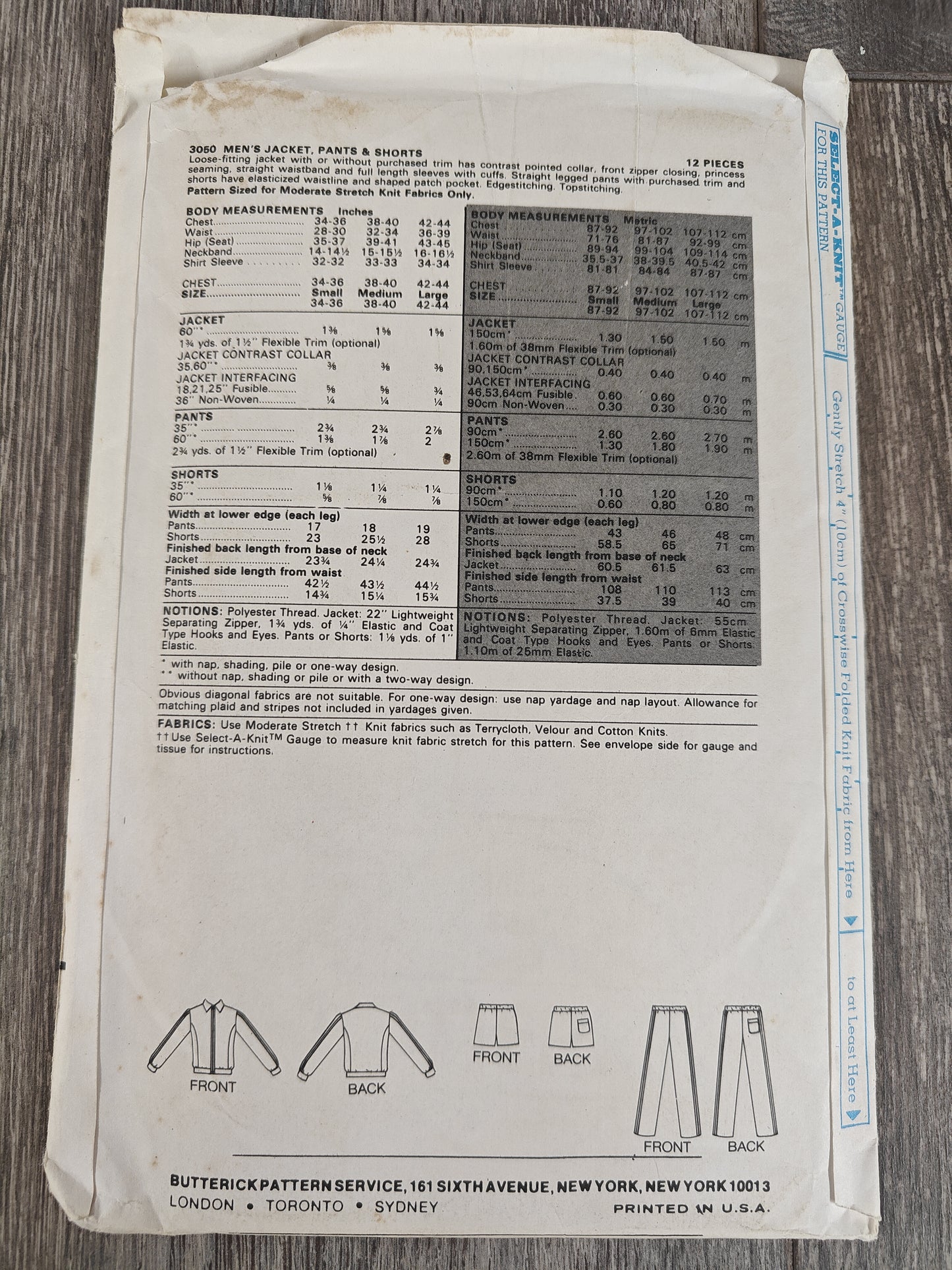 Butterick 3050 Size Small Men's Pattern