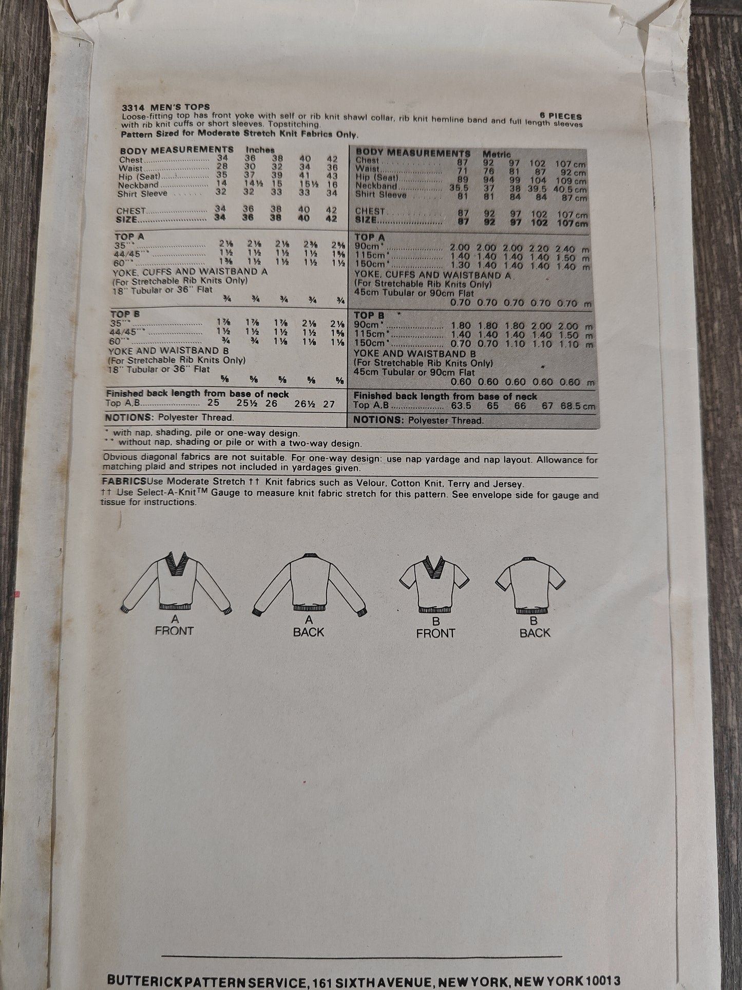 Butterick 3314 Men's Top Pattern