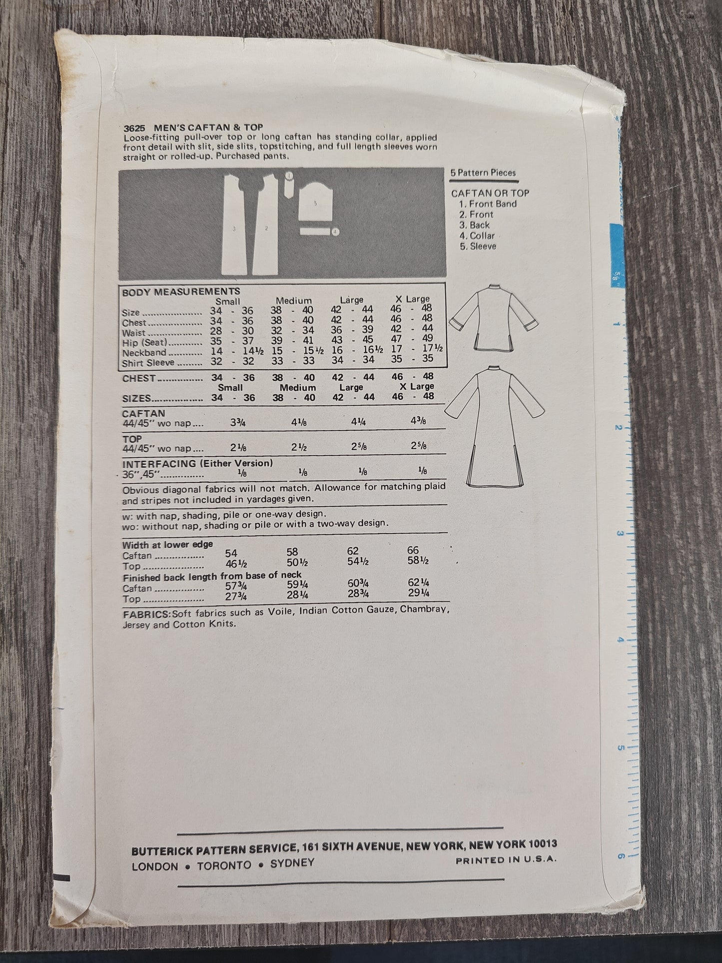 Butterick 3625 size Small 34 Men's Pattern Small