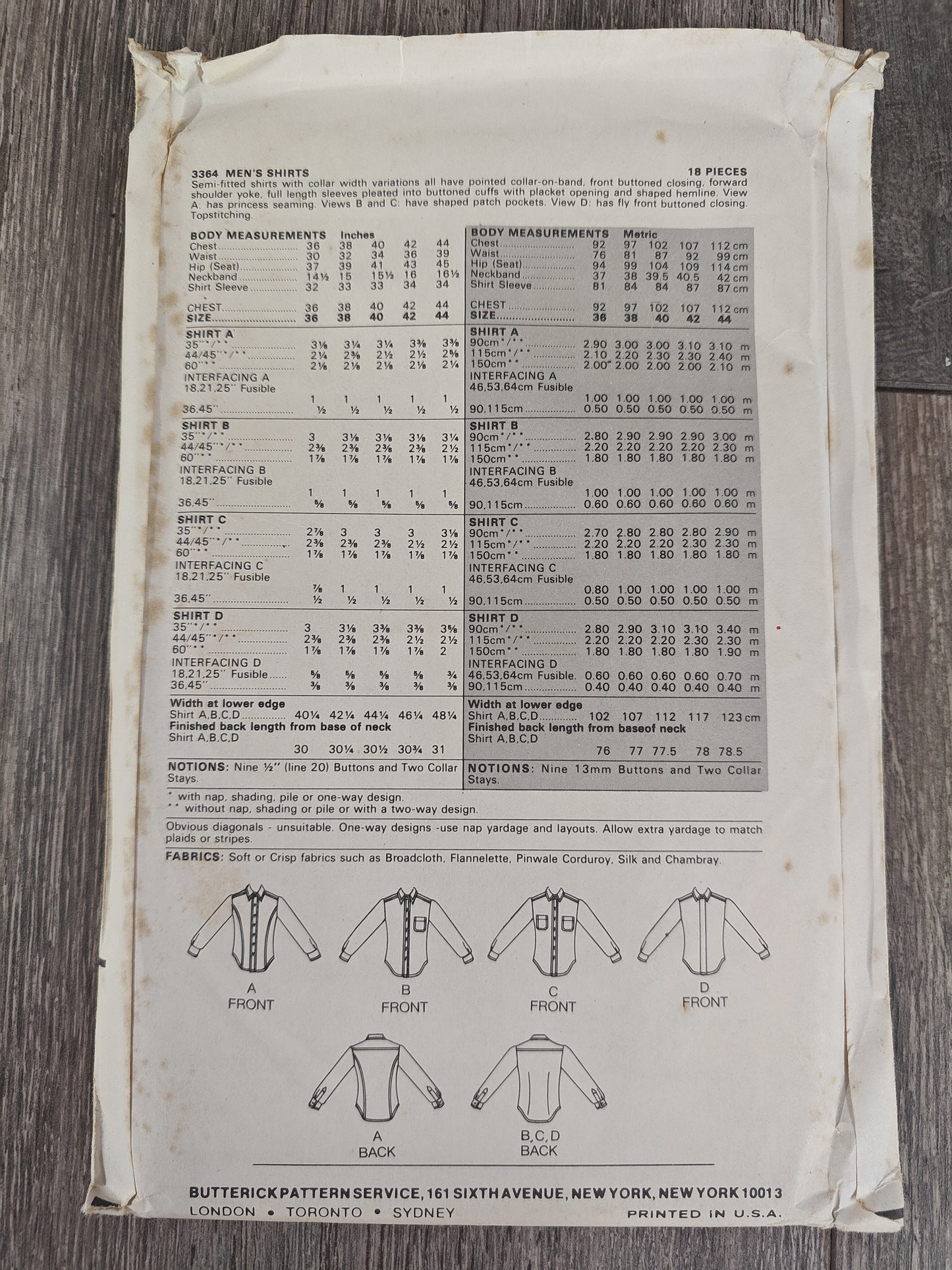 Butterick 3364 size 34 Men's Pattern