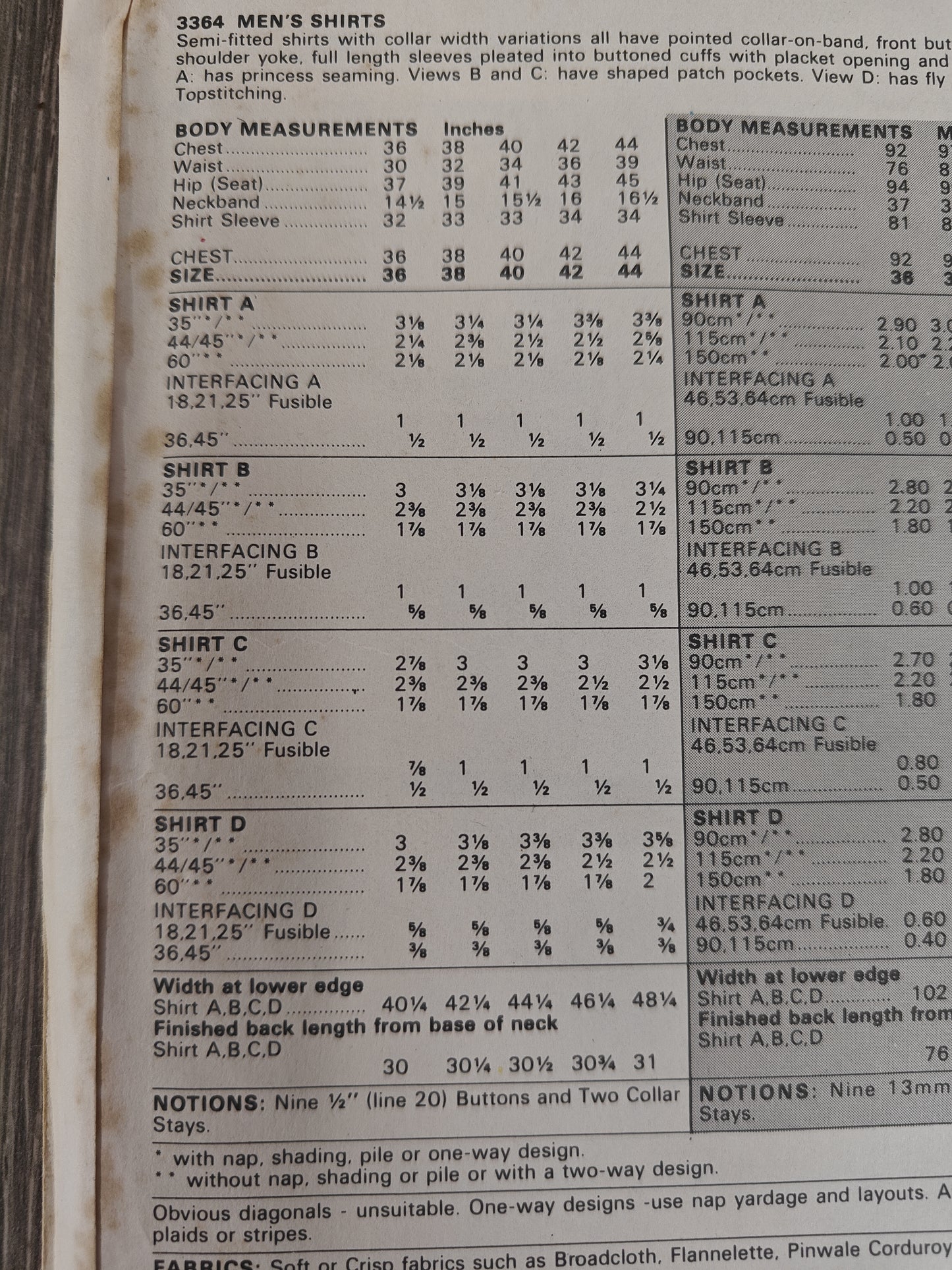 Butterick 3364 size 34 Men's Pattern
