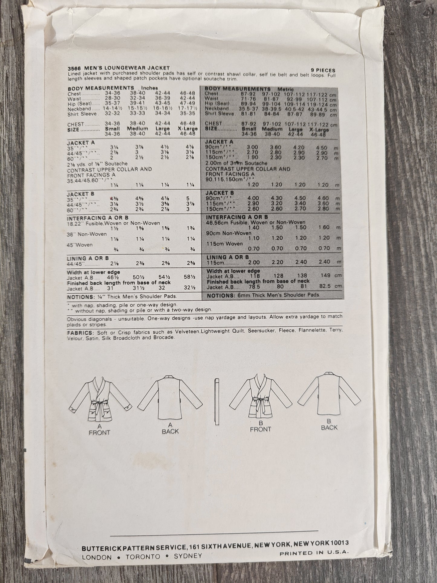 Butterick 3566 Men's Pants Pattern