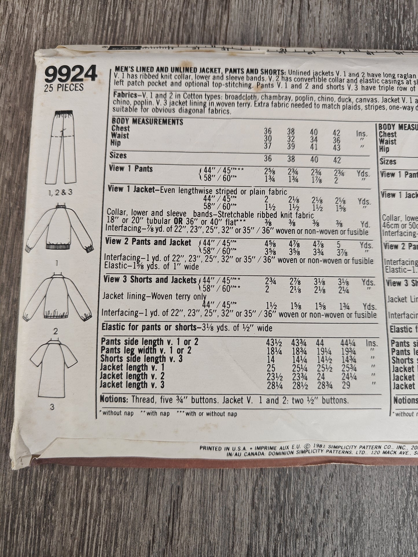 Simplicity 9924 Mens Lined Unline jacket pants and shorts