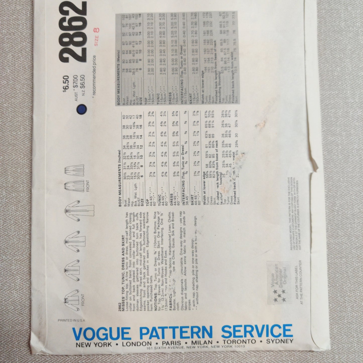 Vogue 2862 Calvin Klein Size 8