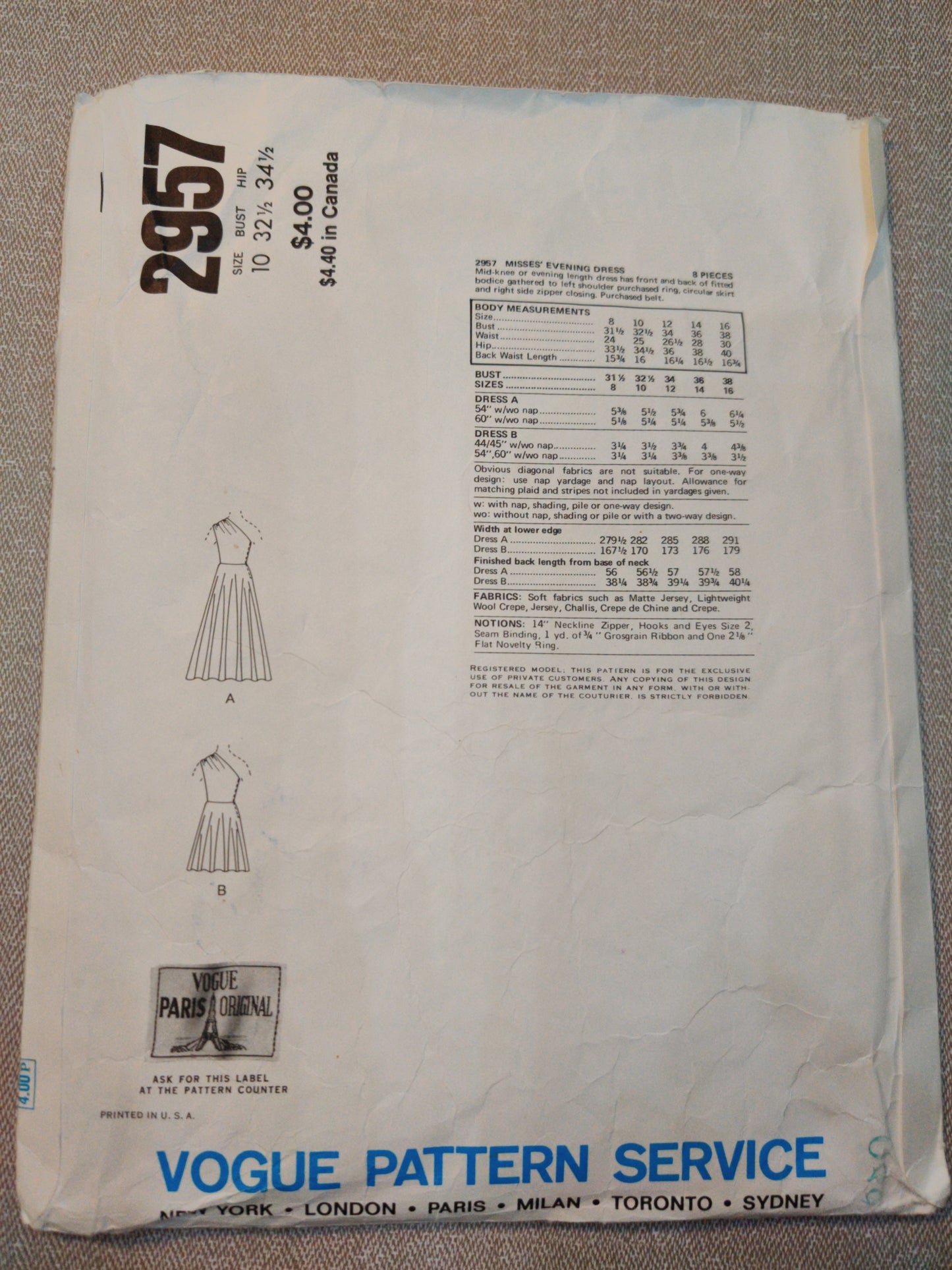 Vogue 2957 Christian Dior Size 10