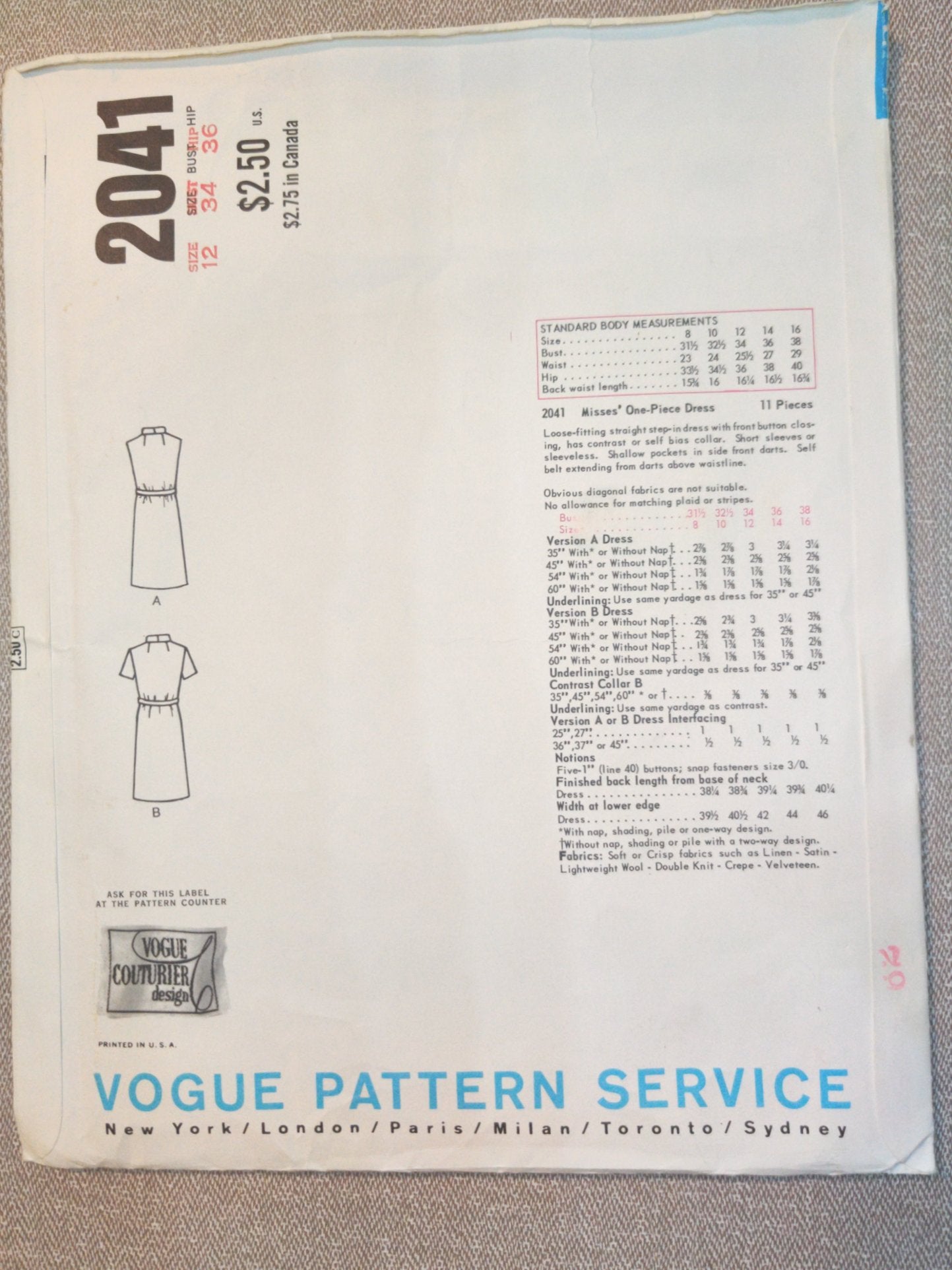 Vogue 2041 Federico Forquet Size 12