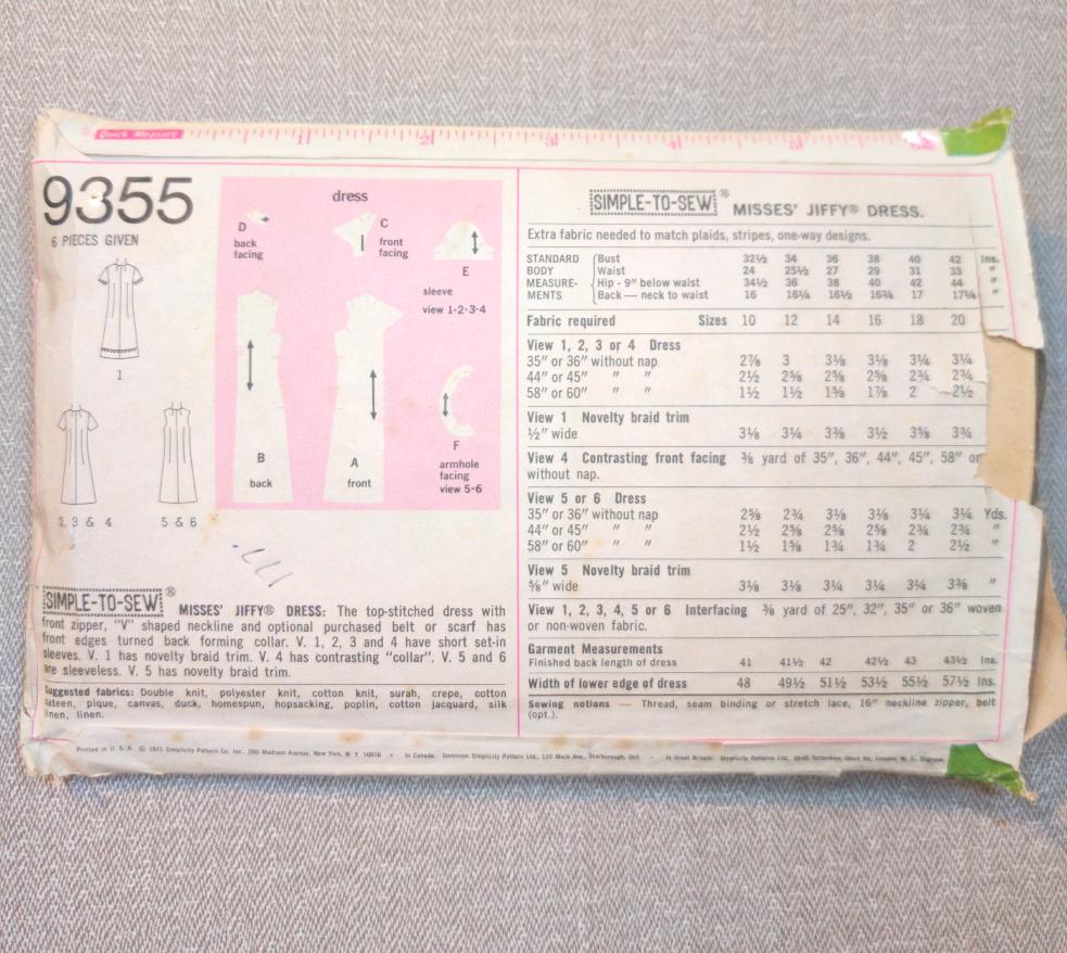 Simplicity 9355 Size 14 Bust 36