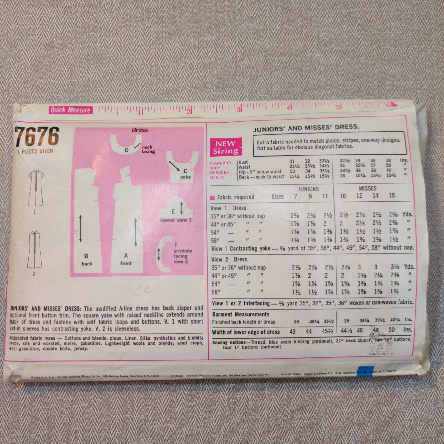Simplicity 7676 Size 11 Bust 33 1/2