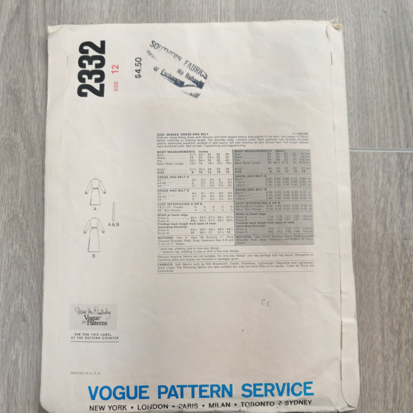 Vogue 2332 Size 12 Diane von Furstenberg