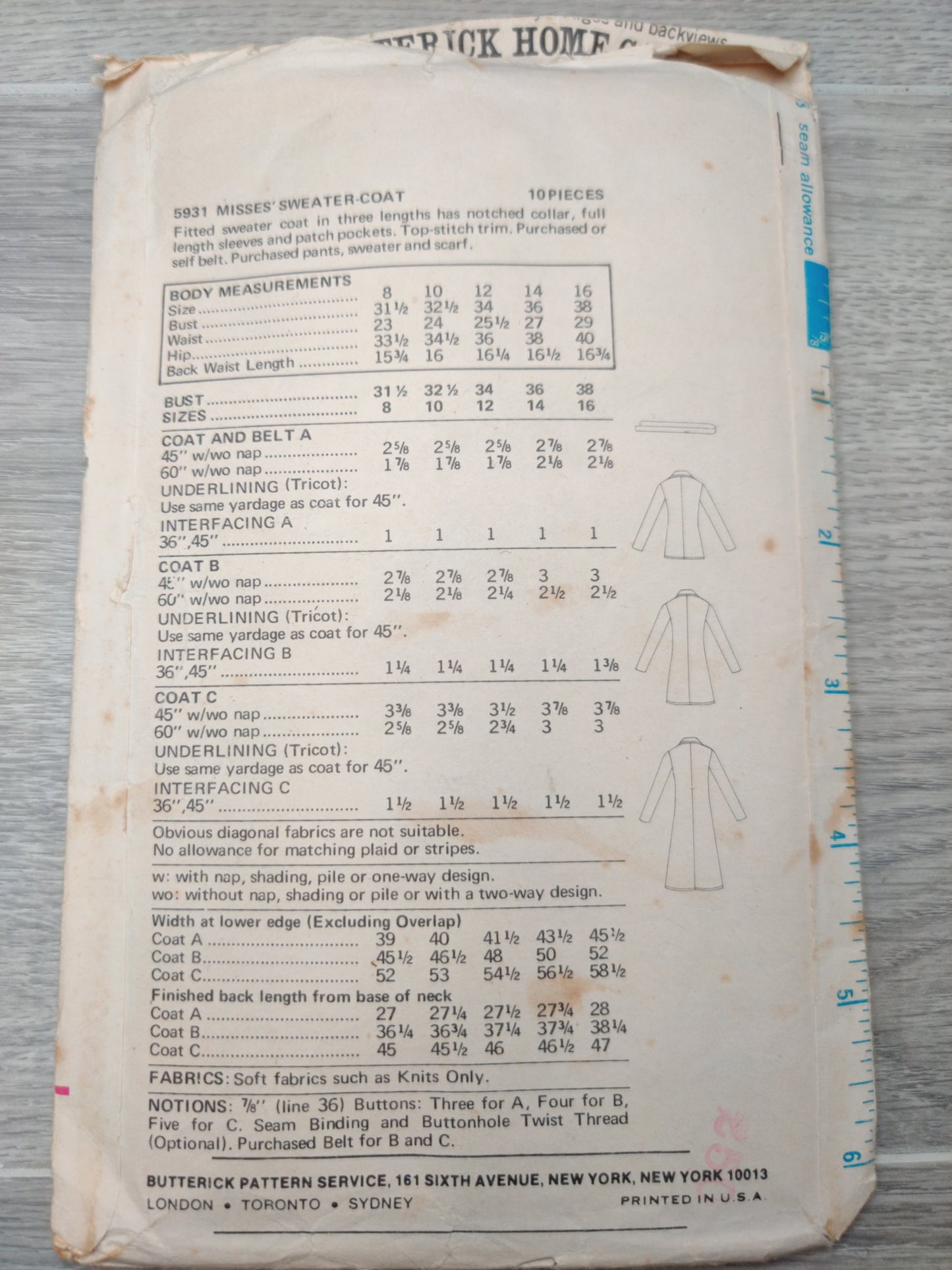 Butterick 5931 Size 14 Bust 36