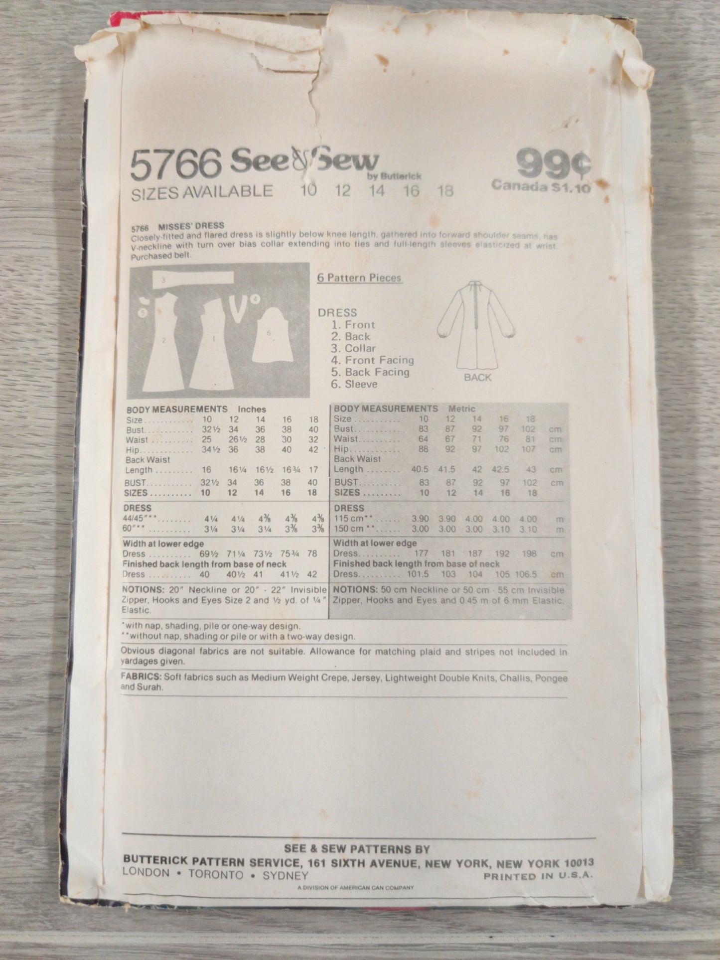 Butterick 5766 Size 14 Bust 36