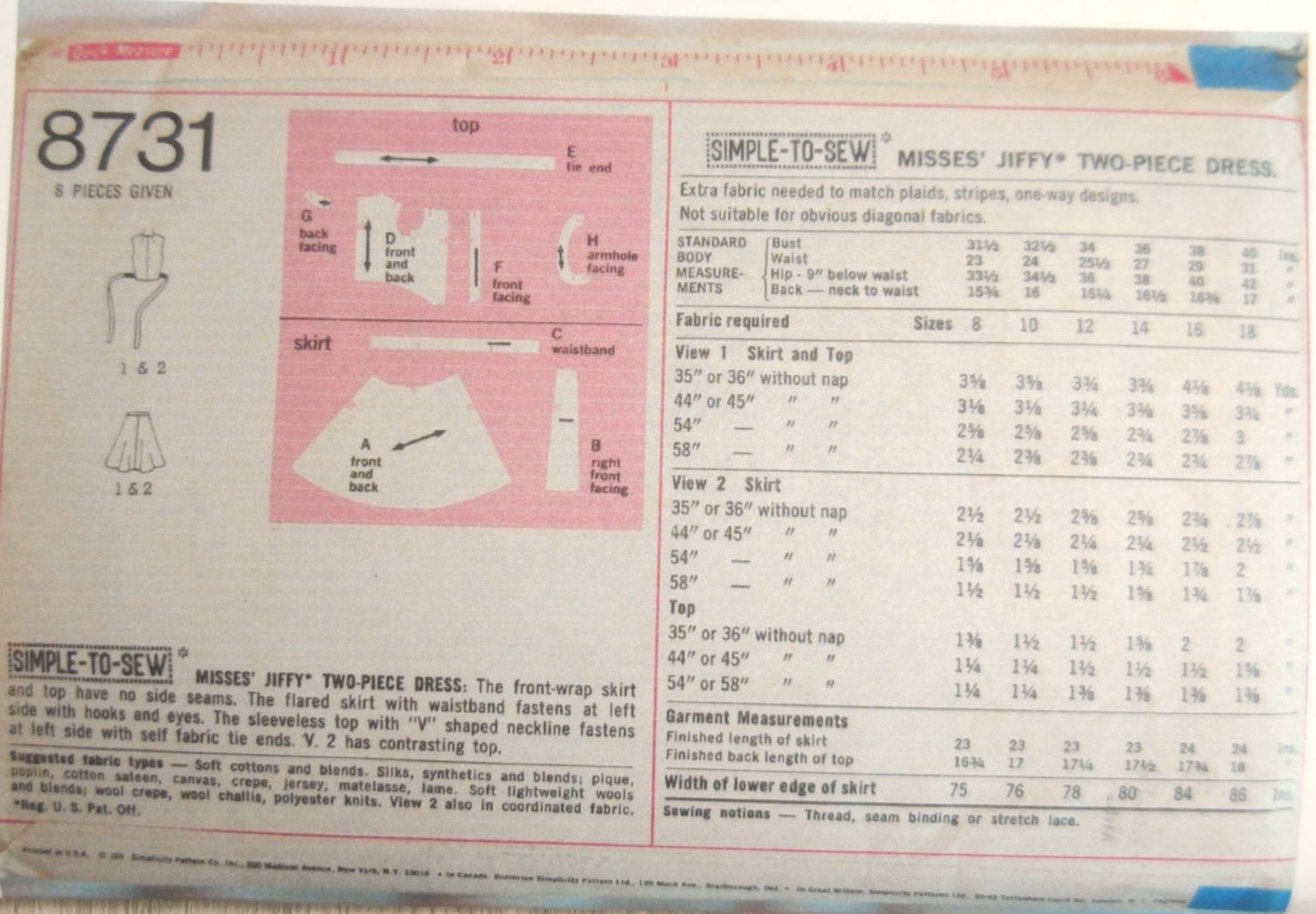 Simplicity 8731Size 12 Vintage