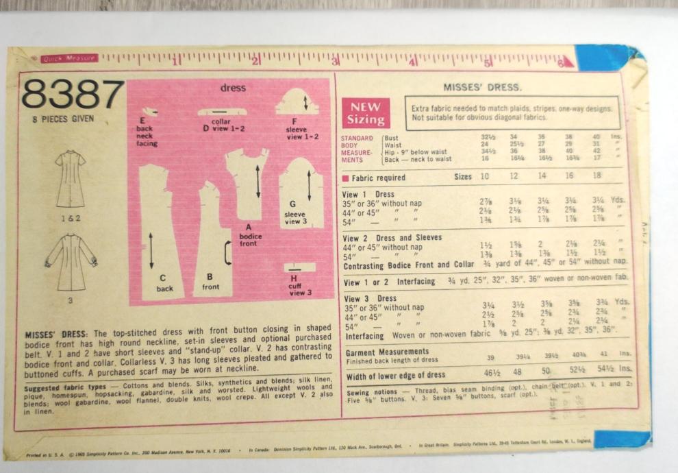 Simplicity 8387 Size 12 Bust 34 Vintage