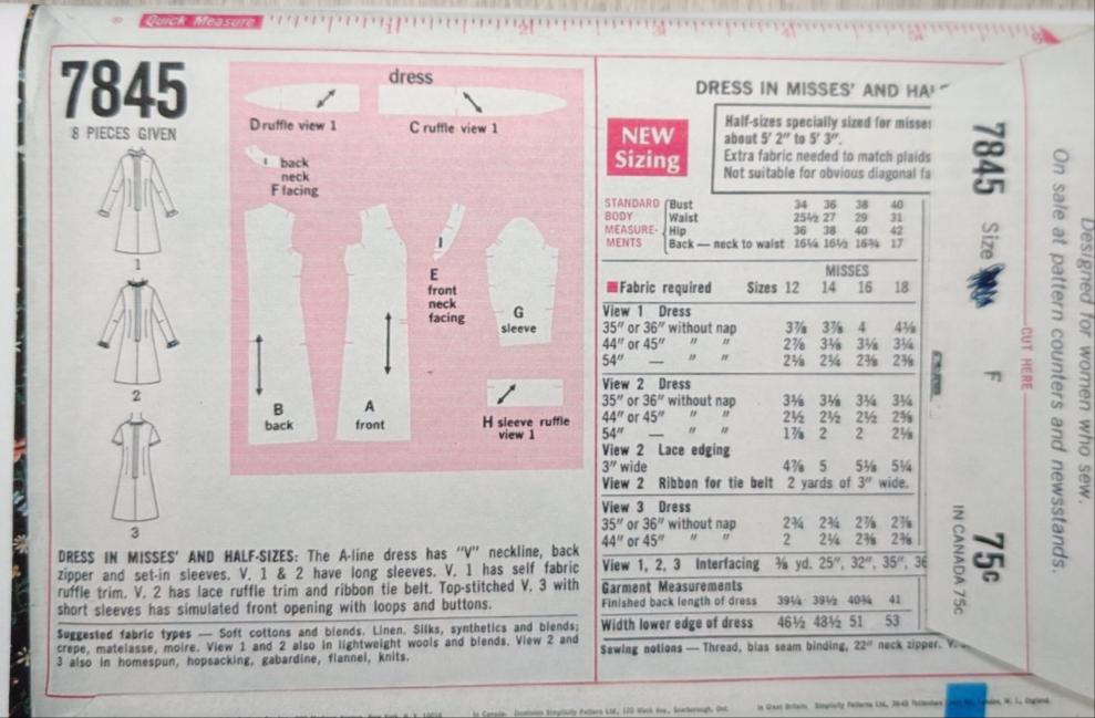 Simplicity 7845 Size 12 Bust 34 Vintage