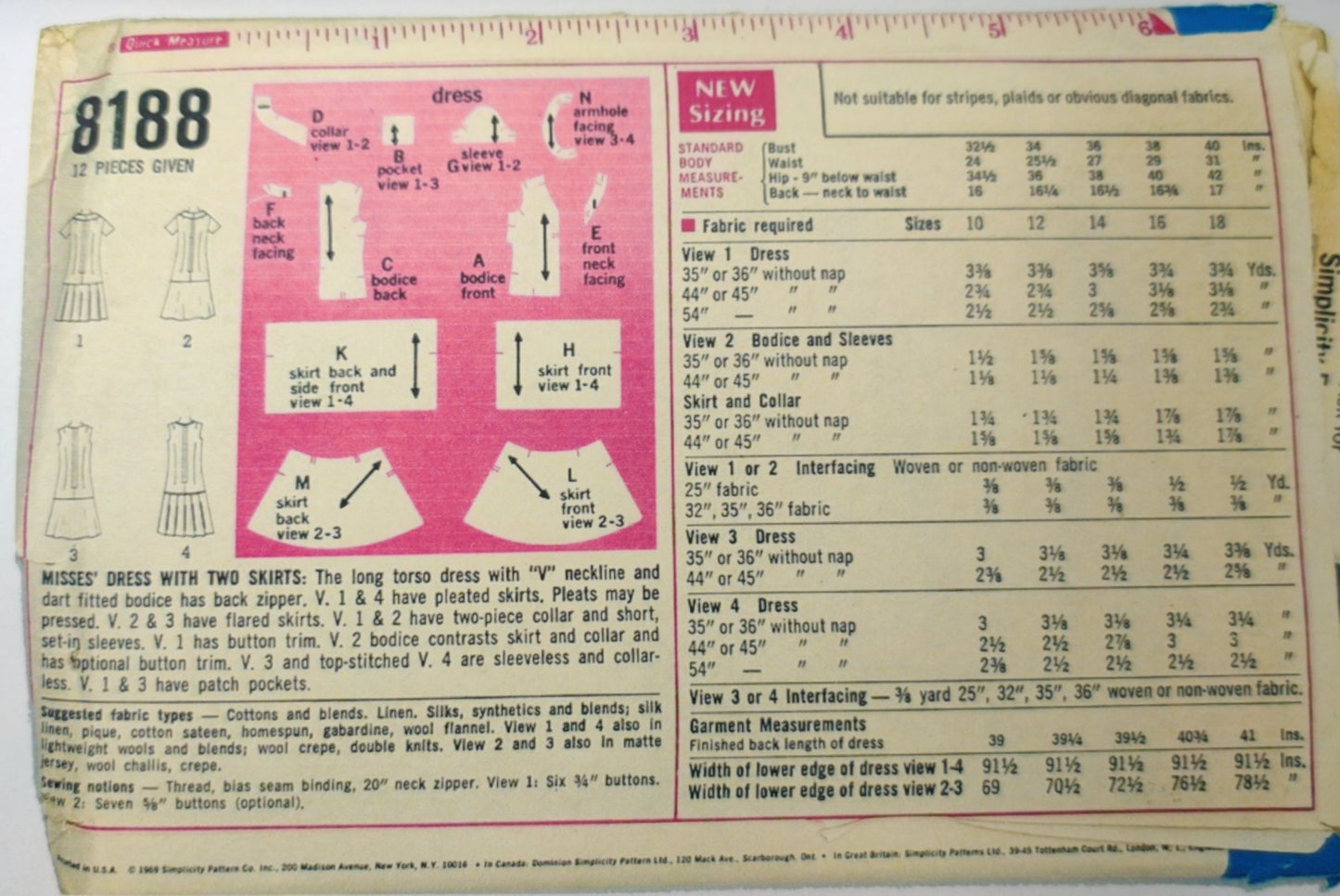 Simplicity 8188 Size 12 Bust 34 Vintage