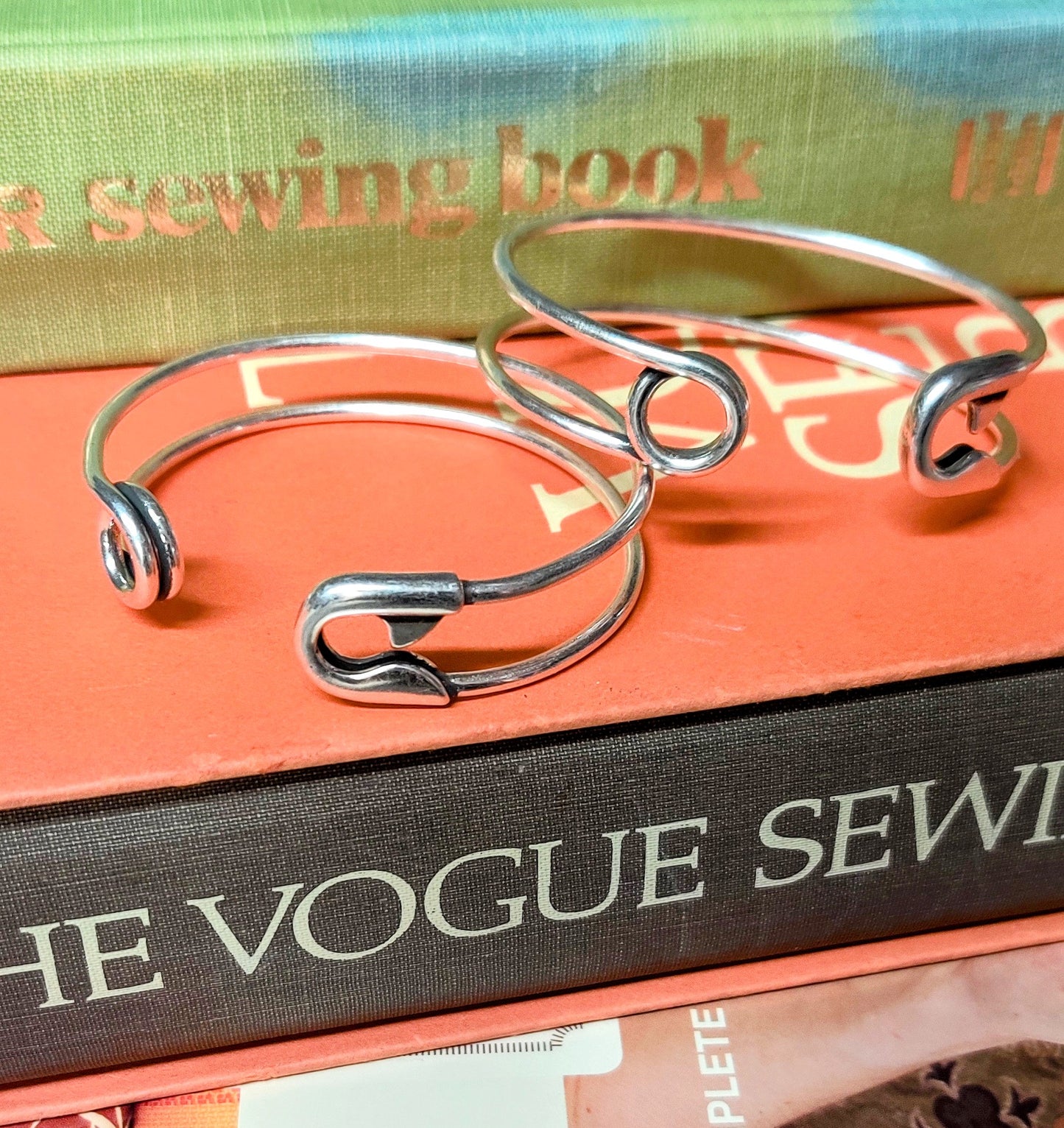 Silver Plated Safety Pin Cuff and  Link Bracelet