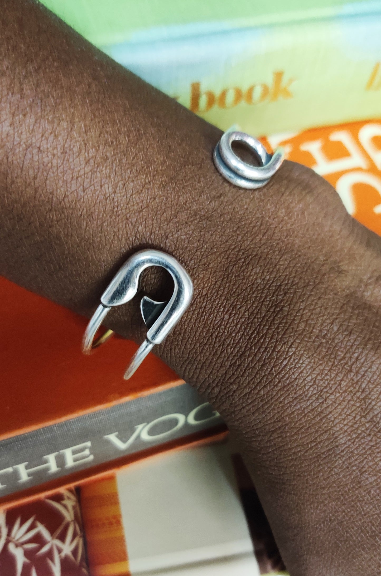 Silver Plated Safety Pin Cuff and  Link Bracelet