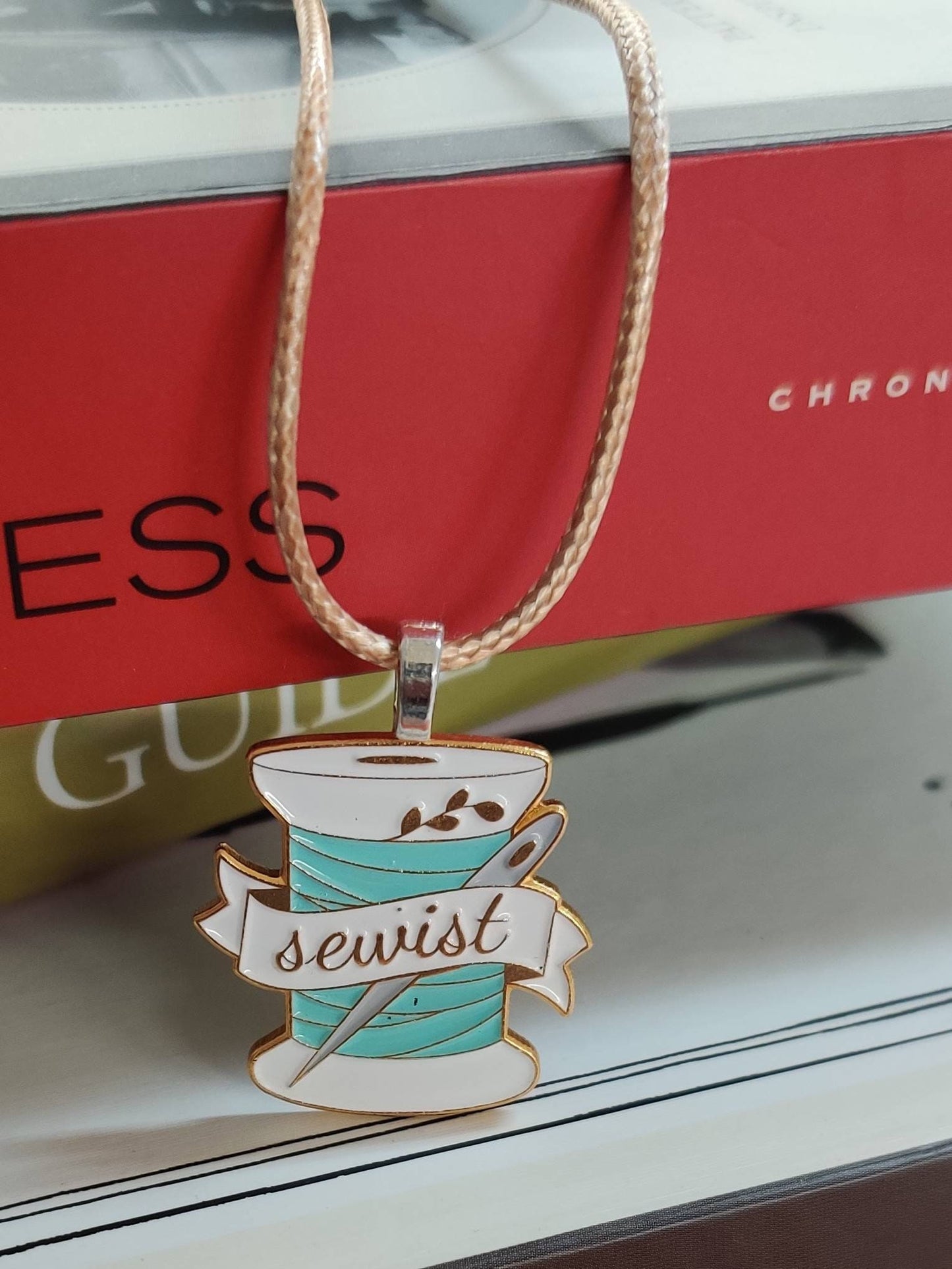 Sewing themed enamel pendants