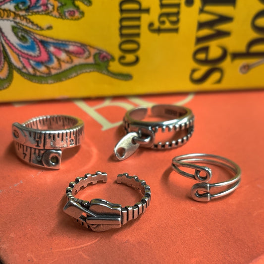 Sewing Theme Rings: Measuring Tape, Safety Pin and Zippers