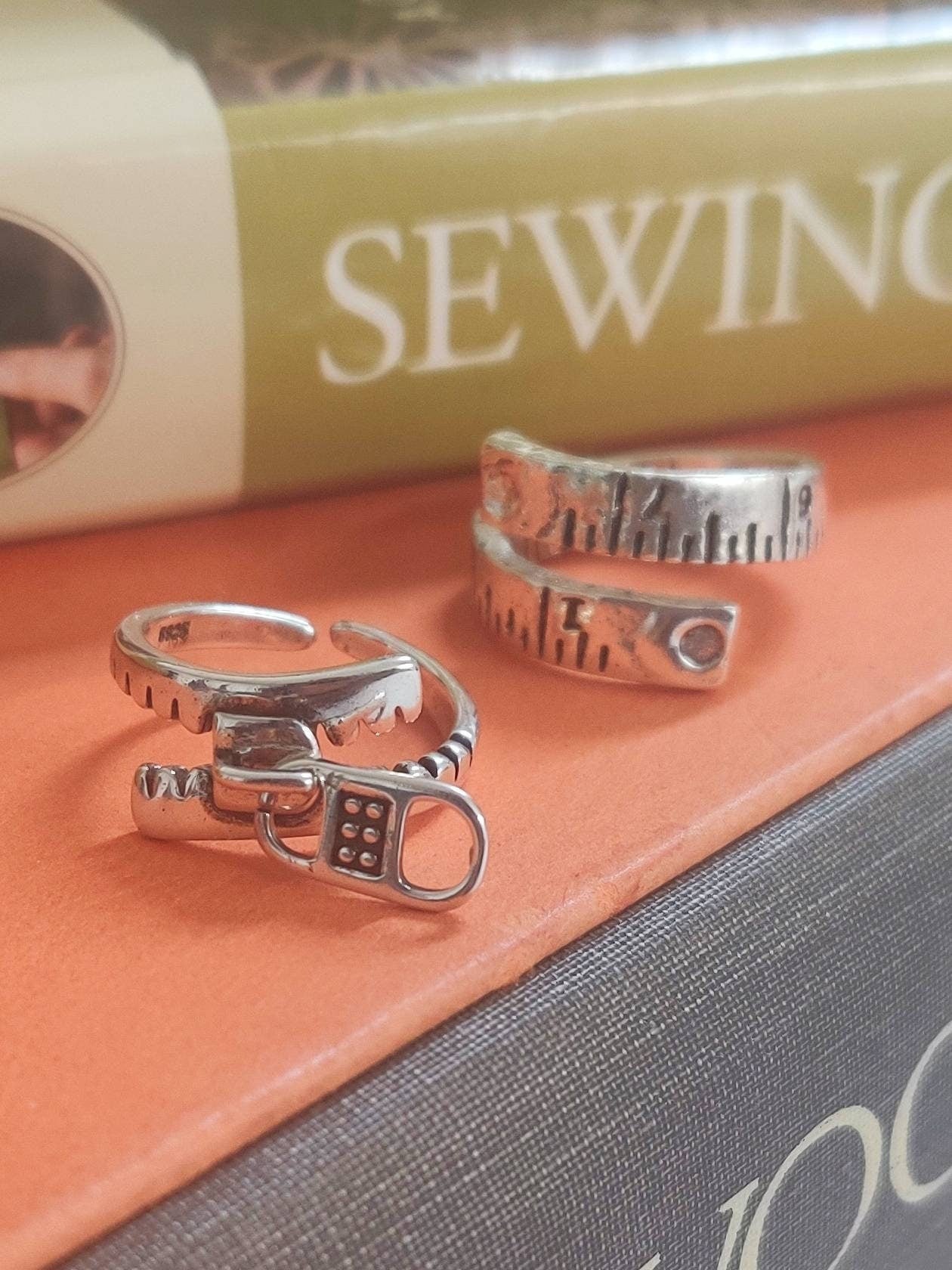 Sewing Theme Rings: Measuring Tape, Safety Pin and Zippers